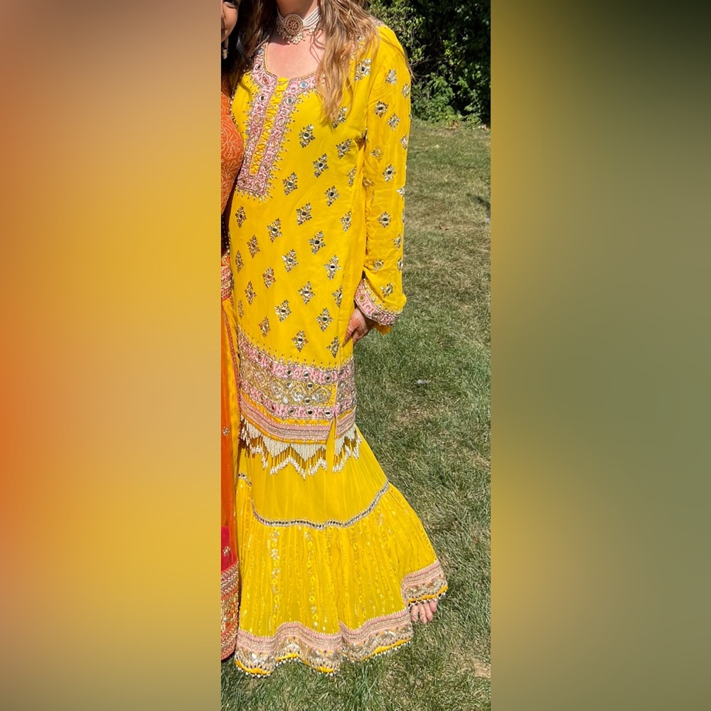Yellow Indian Two Piece Kurta Flared Pant Set